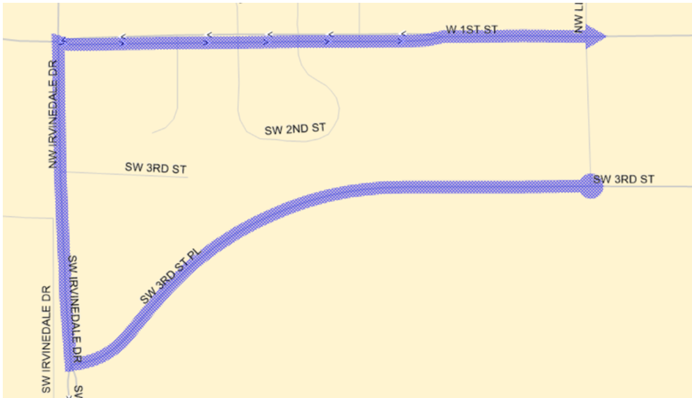 9L Outbound: SW 3rd St, continue on SW 3rd St. PL., Right (N) on SW Irvinedale Dr, Right (E) on W 1st St back to route. 9L Inbound: W 1st St (W), Left (S) on Irvinedale Dr., Left (E) on SW 3rd St. PL., continue on SW 3rd back to route.