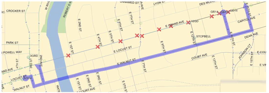 Route 4 4 Outbound: Locust (E), Right (S) on 3rd St., Left (E) on Walnut, Left (N) on E 15th St. back to route. 4 Inbound: E 14th (S), Right (W) on E Walnut, Right (N) on 2nd Ave., Left (W) on Grand Ave. back to route.